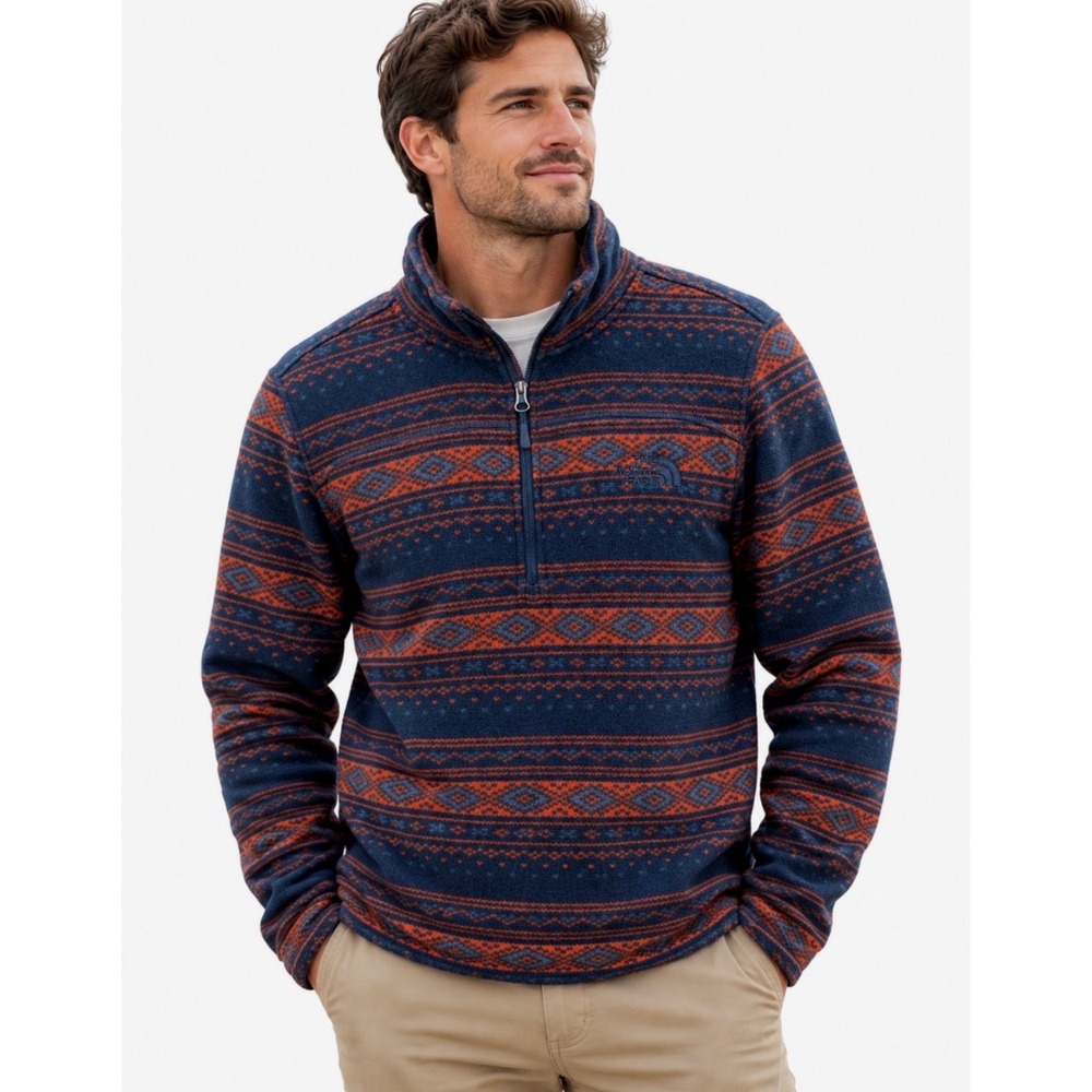 The North Face Fair Isle Aztec Campshire 1/4 Zip Fleece Pullover Men Size M Navy